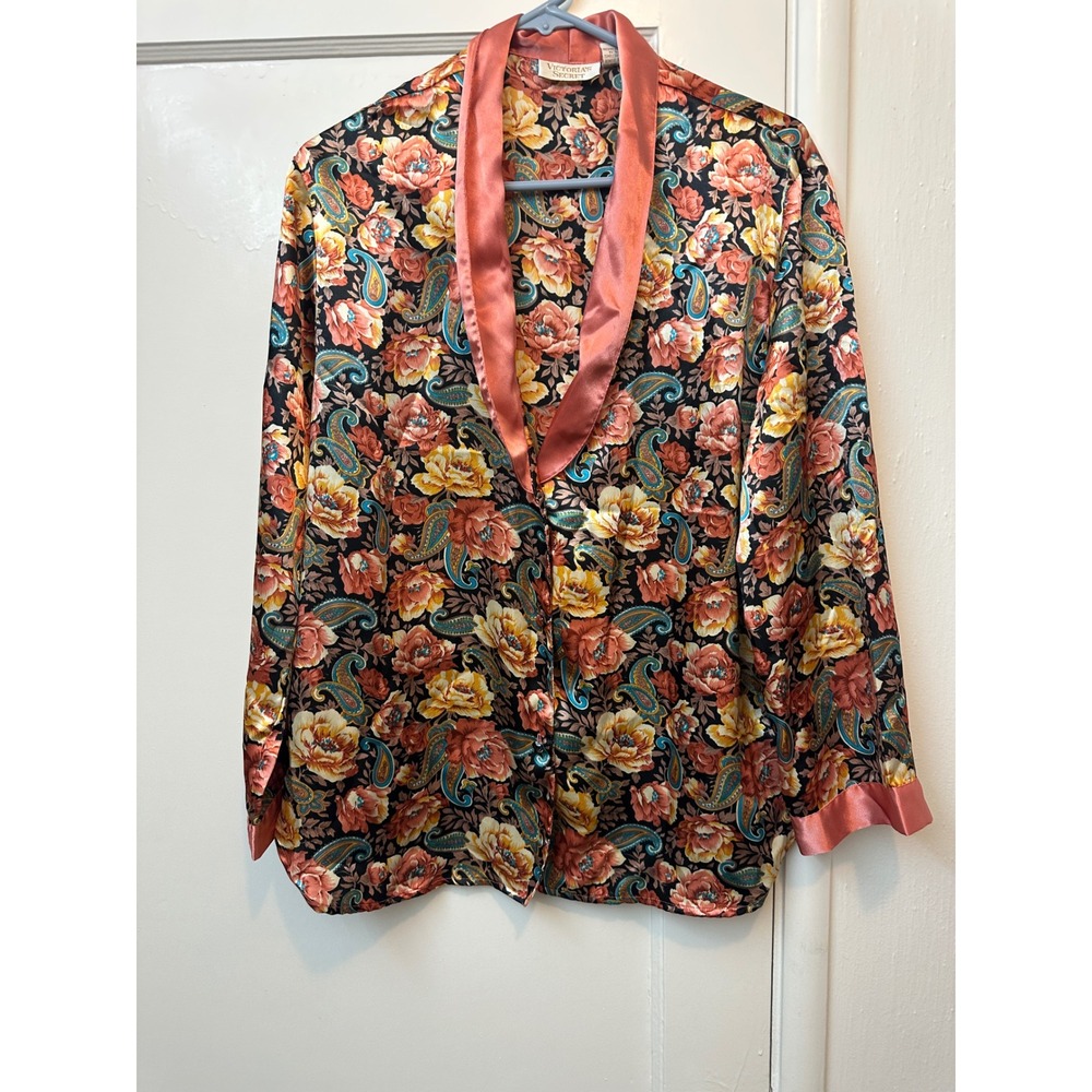 Vintage Victoria Secret Gold Label Floral Paisley Pajama Top Pink Satin Trim S
